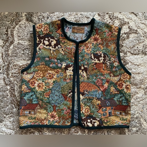 Vitabella Norway Vintage Tapestry Folk Art Vest Children’s XS 8 Cows Farm - Picture 1 of 9